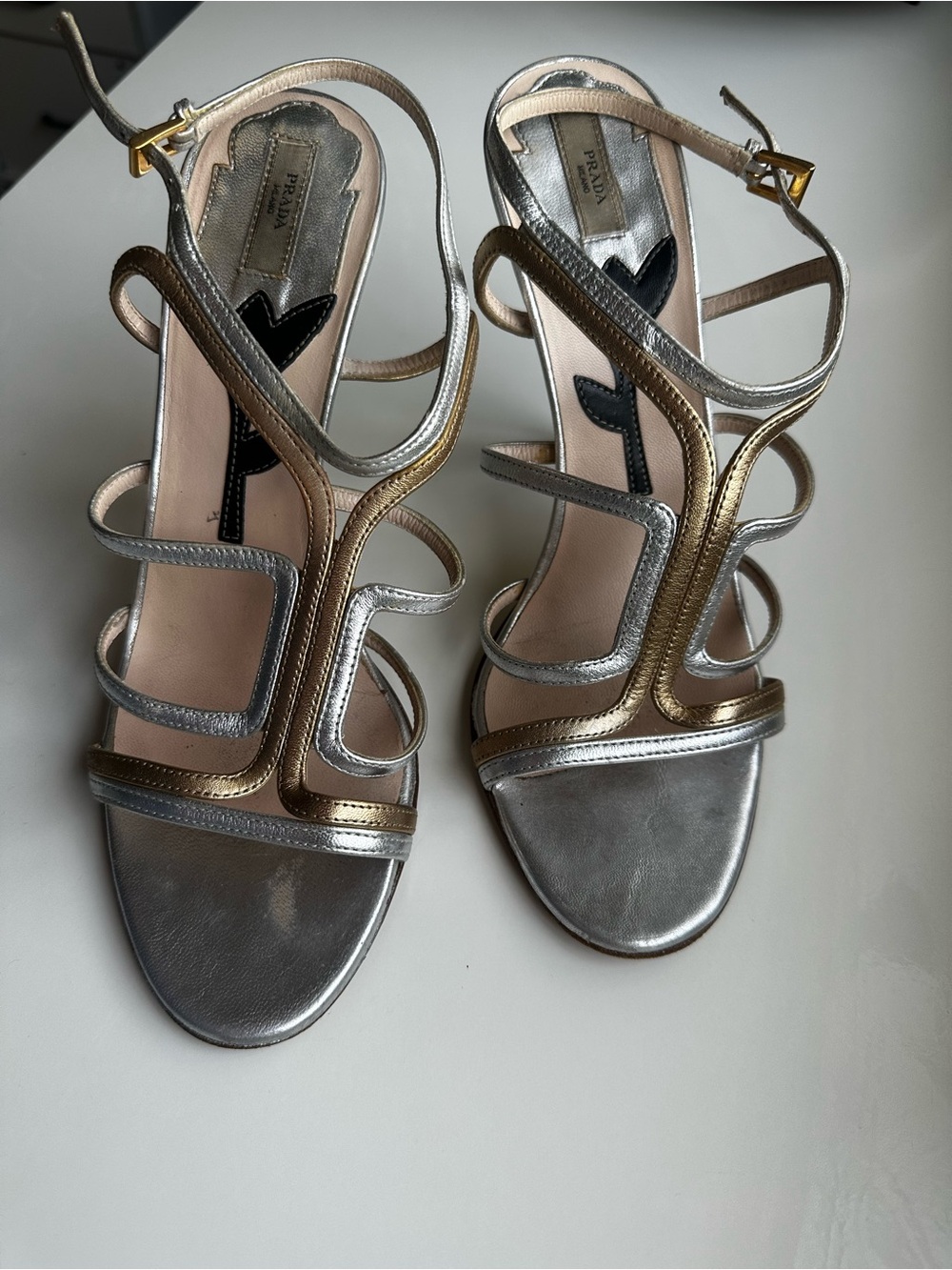 Authentic Prada Metallic Silver and Gold Strappy Heeled Sandals 37.5